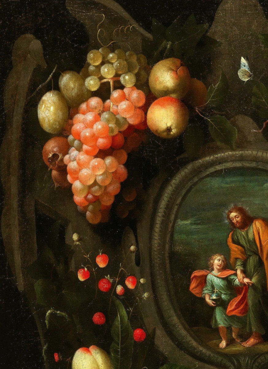 Frans van Everbroeck (vers 1638 - 1676/1693), Guirlandes de fruits ornant une cartouche-photo-5