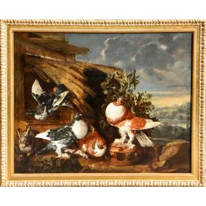 Carstiaen Luyckx (1623 - 1670), Pigeons And Rabbits In An Italianate Landscape