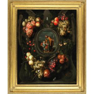 Frans van Everbroeck (vers 1638 - 1676/1693), Guirlandes de fruits ornant une cartouche