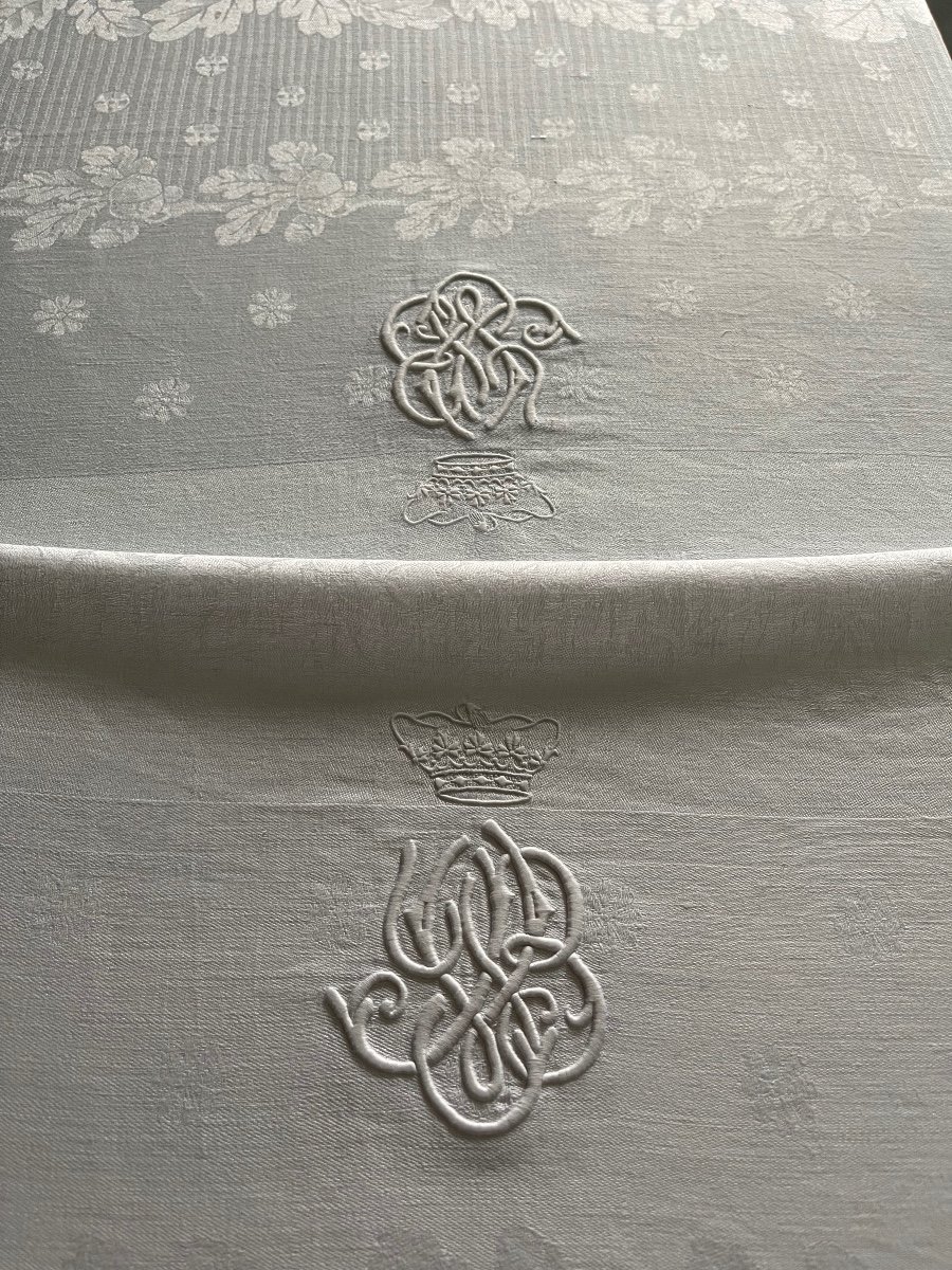 Nappe Ancienne Réception, 2 Monogrammes Couronne Ducale Pair de France , Damassée, 400x 202cm, XIXème -photo-4