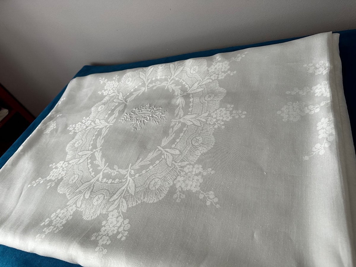 Immense Nappe Réception Ancienne Fil Lin Soie Double Couronne De Marquis , Linge Ancien 420x200-photo-2