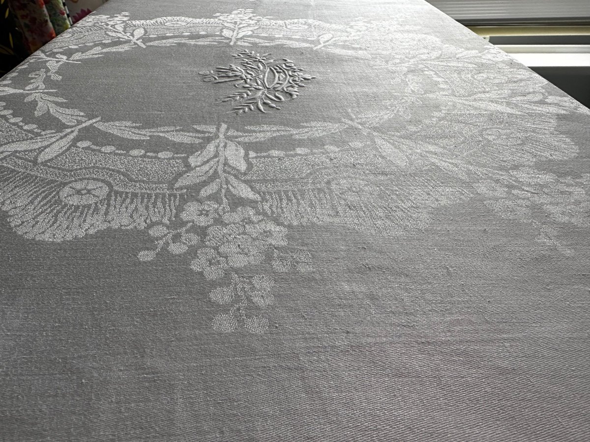 Immense Nappe Réception Ancienne Fil Lin Soie Double Couronne De Marquis , Linge Ancien 420x200-photo-2