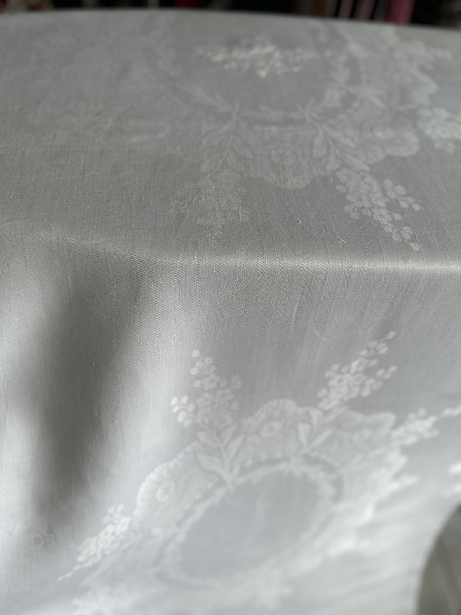 Immense Nappe Réception Ancienne Fil Lin Soie Double Couronne De Marquis , Linge Ancien 420x200-photo-4