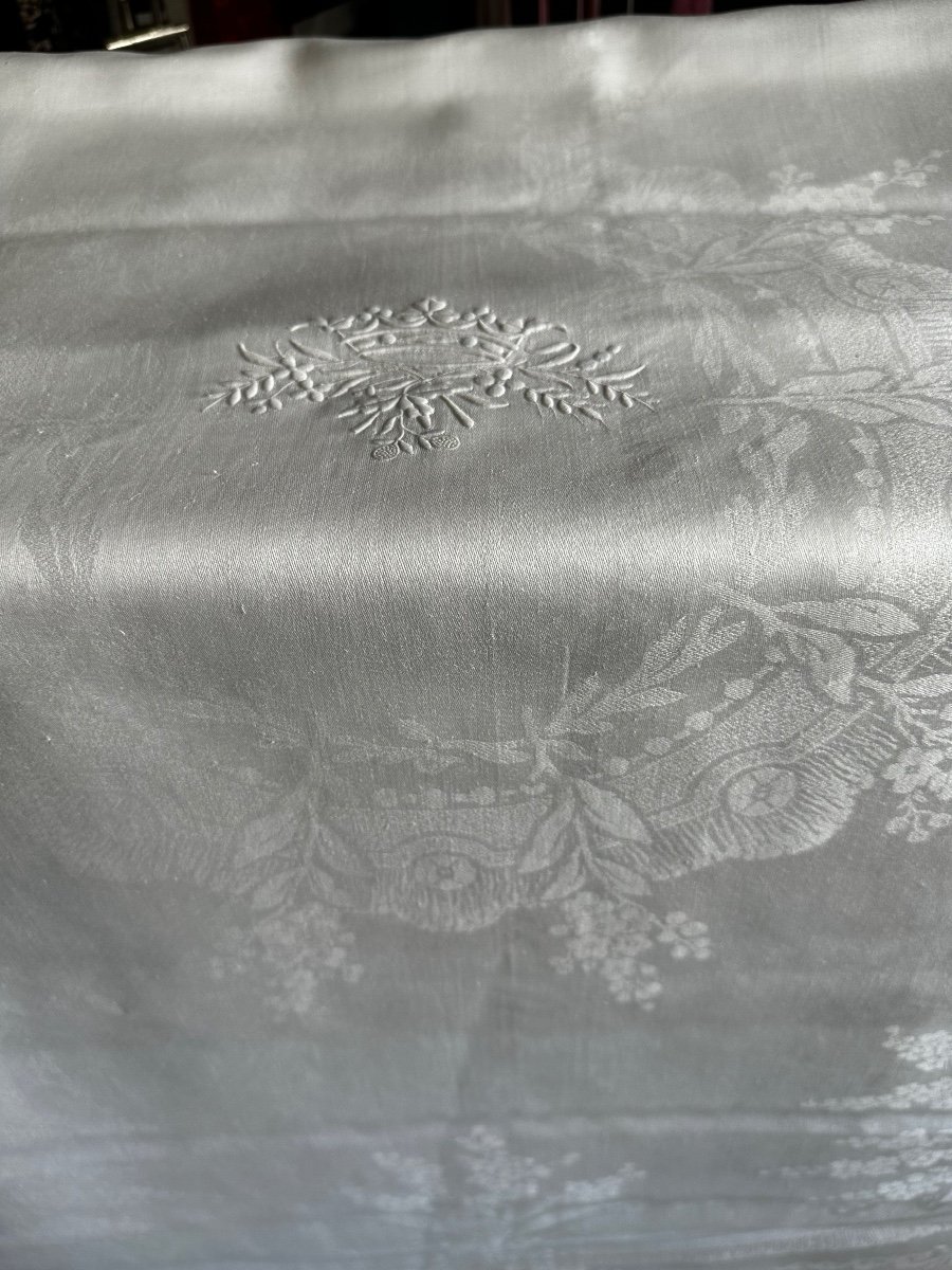 Immense Nappe Réception Ancienne Fil Lin Soie Double Couronne De Marquis , Linge Ancien 420x200-photo-5