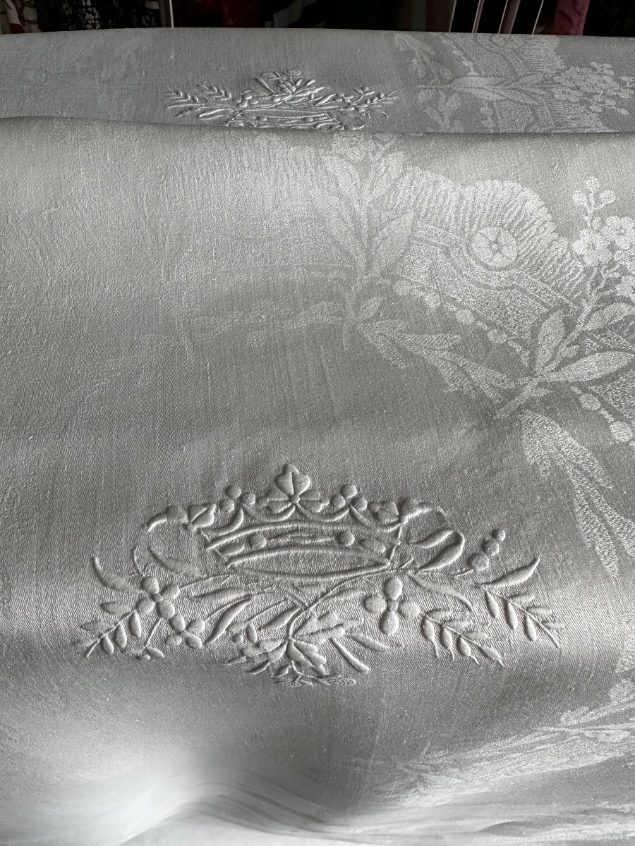 Immense Nappe Réception Ancienne Fil Lin Soie Double Couronne De Marquis , Linge Ancien 420x200-photo-8