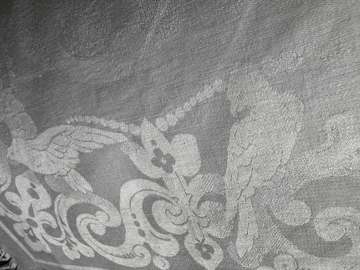 Old Napoleon Tablecloth 3 Damask Birds, Lily Flowers, 230x210, Fringes, White Linen Thread-photo-2