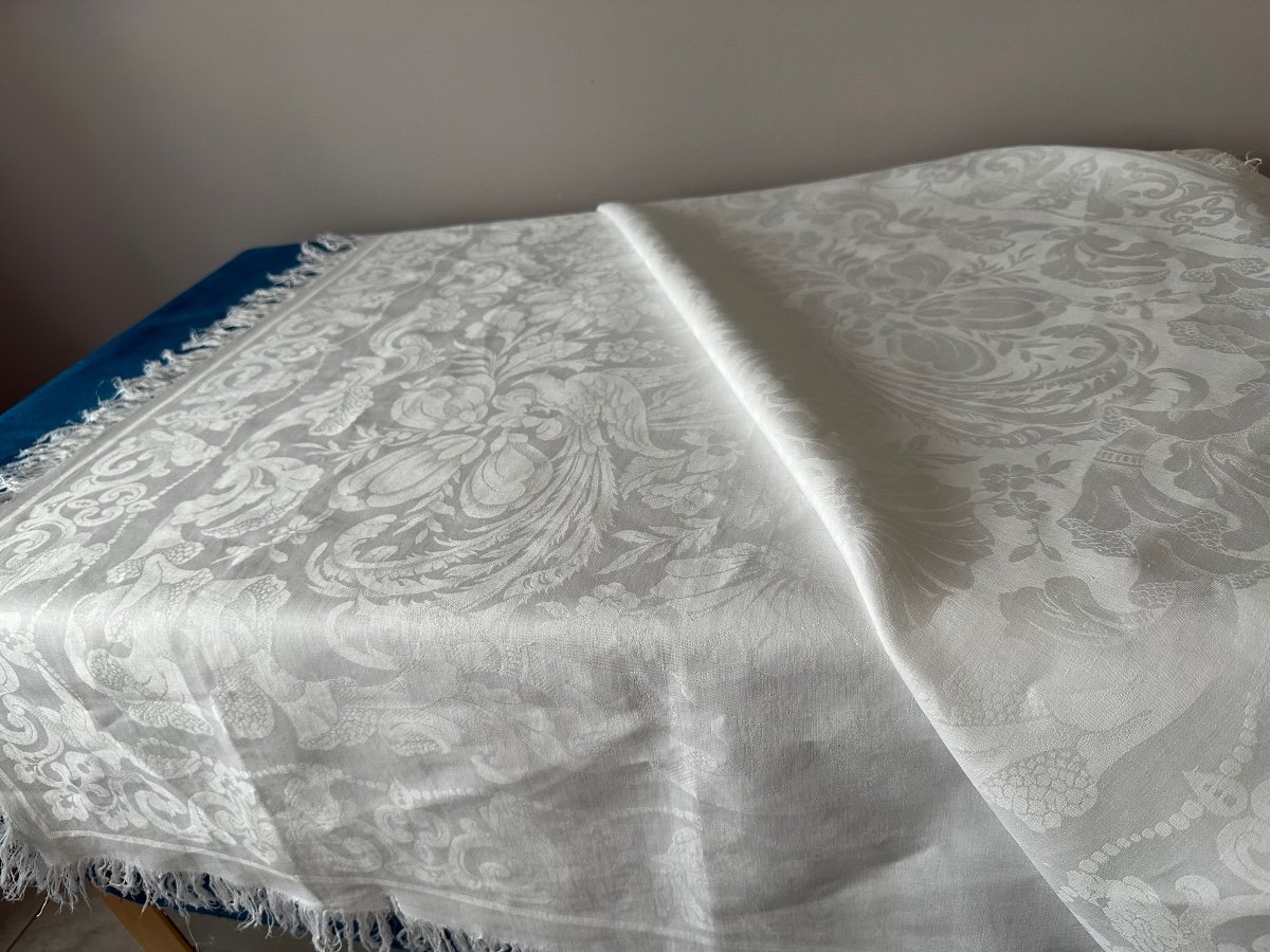 Old Napoleon Tablecloth 3 Damask Birds, Lily Flowers, 230x210, Fringes, White Linen Thread-photo-3