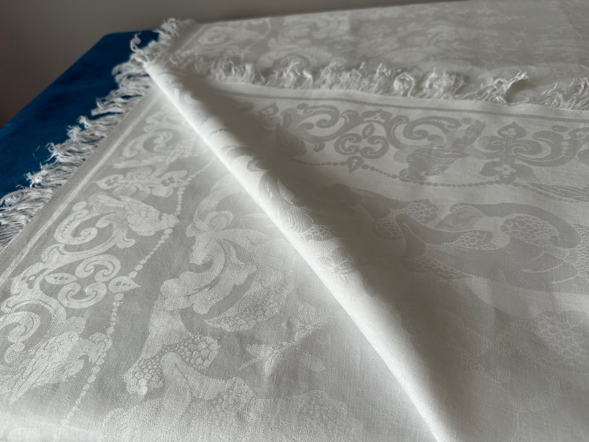 Old Napoleon Tablecloth 3 Damask Birds, Lily Flowers, 230x210, Fringes, White Linen Thread-photo-4