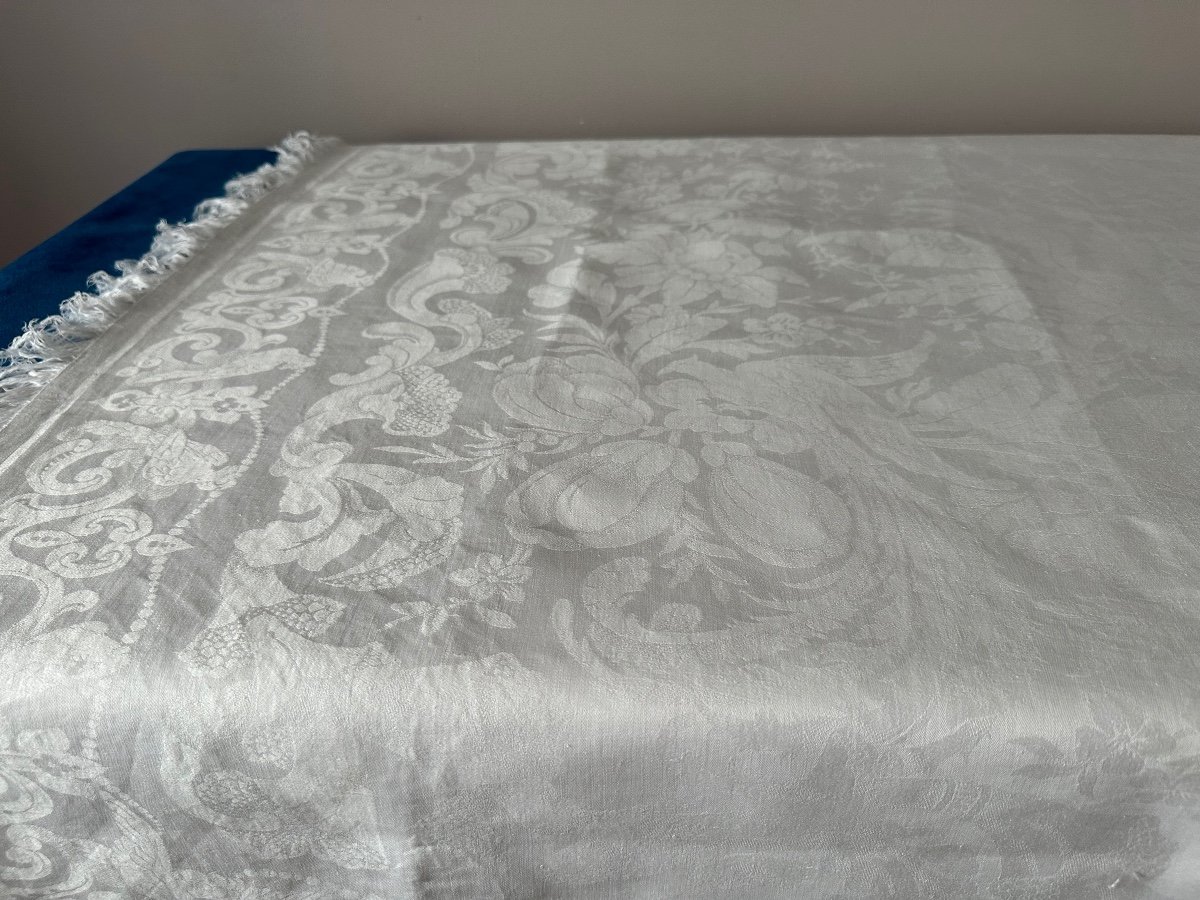 Old Napoleon Tablecloth 3 Damask Birds, Lily Flowers, 230x210, Fringes, White Linen Thread-photo-1