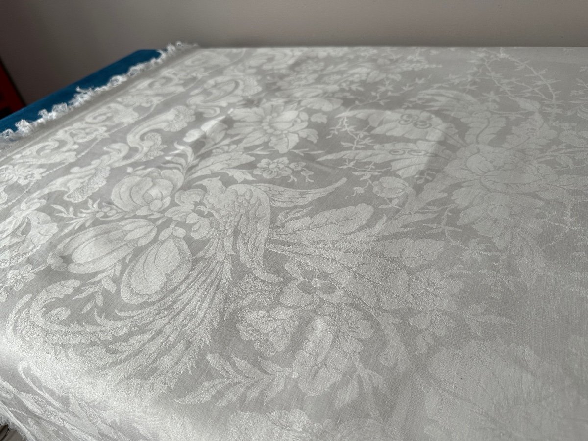 Old Napoleon Tablecloth 3 Damask Birds, Lily Flowers, 230x210, Fringes, White Linen Thread-photo-2