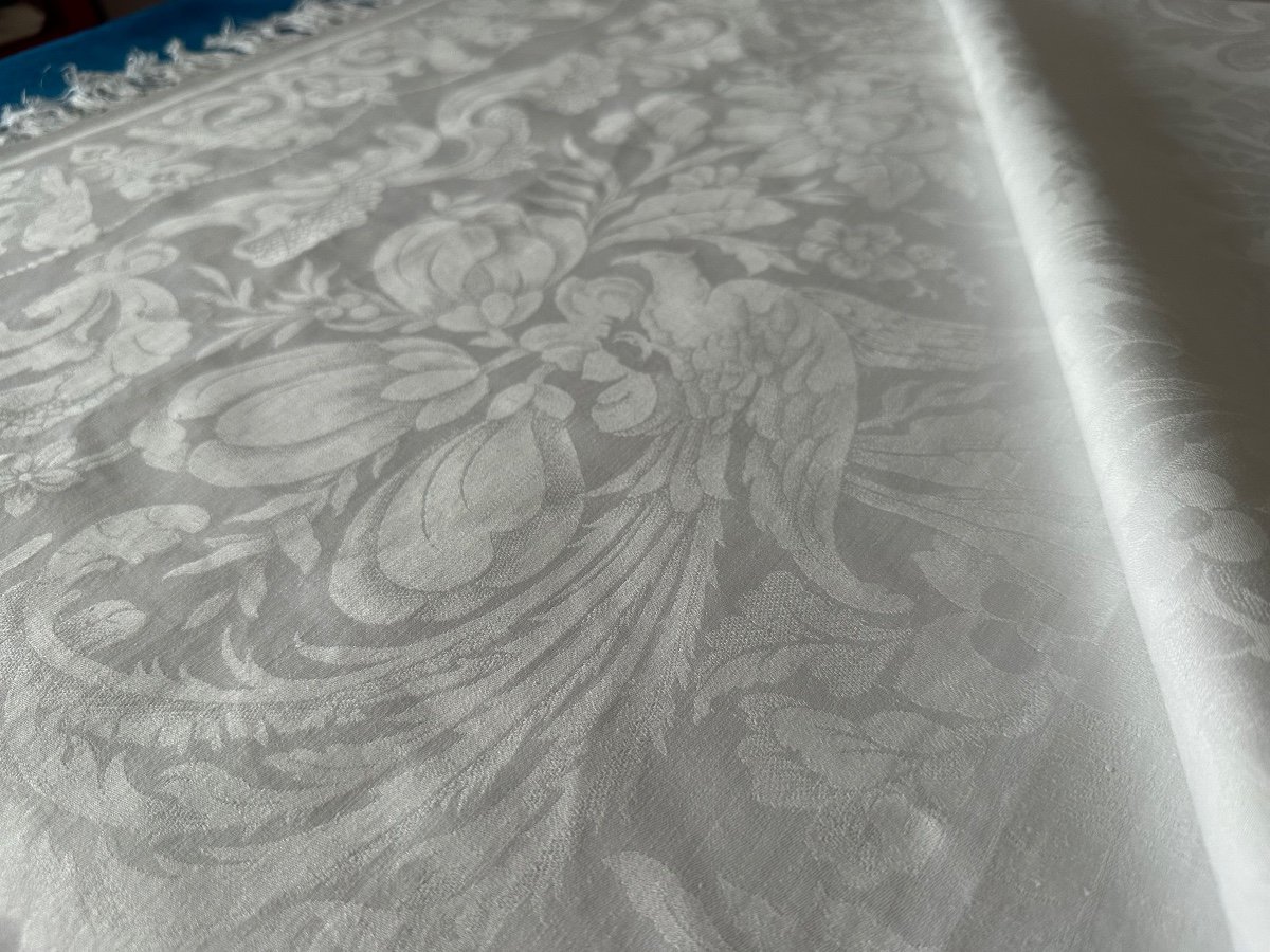 Old Napoleon Tablecloth 3 Damask Birds, Lily Flowers, 230x210, Fringes, White Linen Thread-photo-5