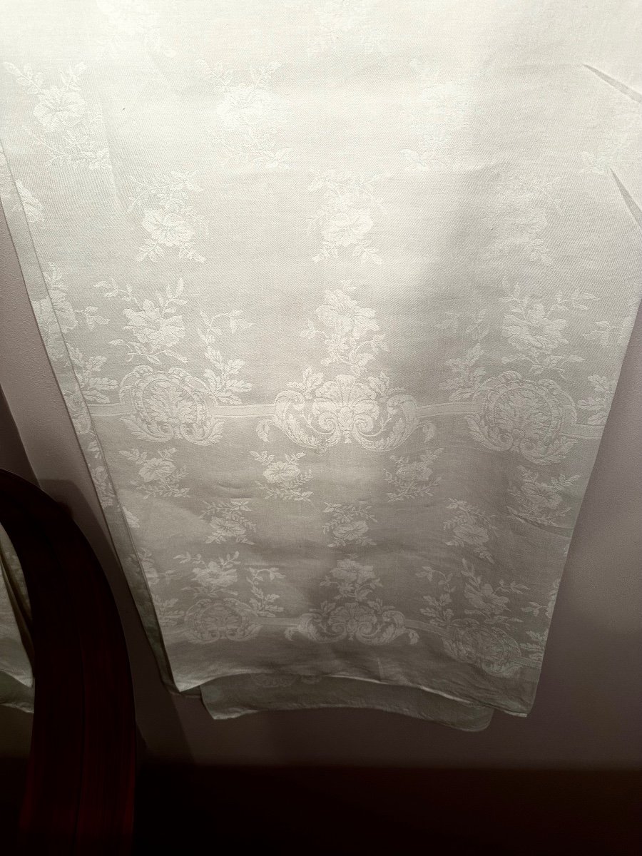 Immense Nappe Ancienne Lin Soie 400x200 Damassé Décor De Roses 2 Grandes Initiales Broderie DF-photo-2