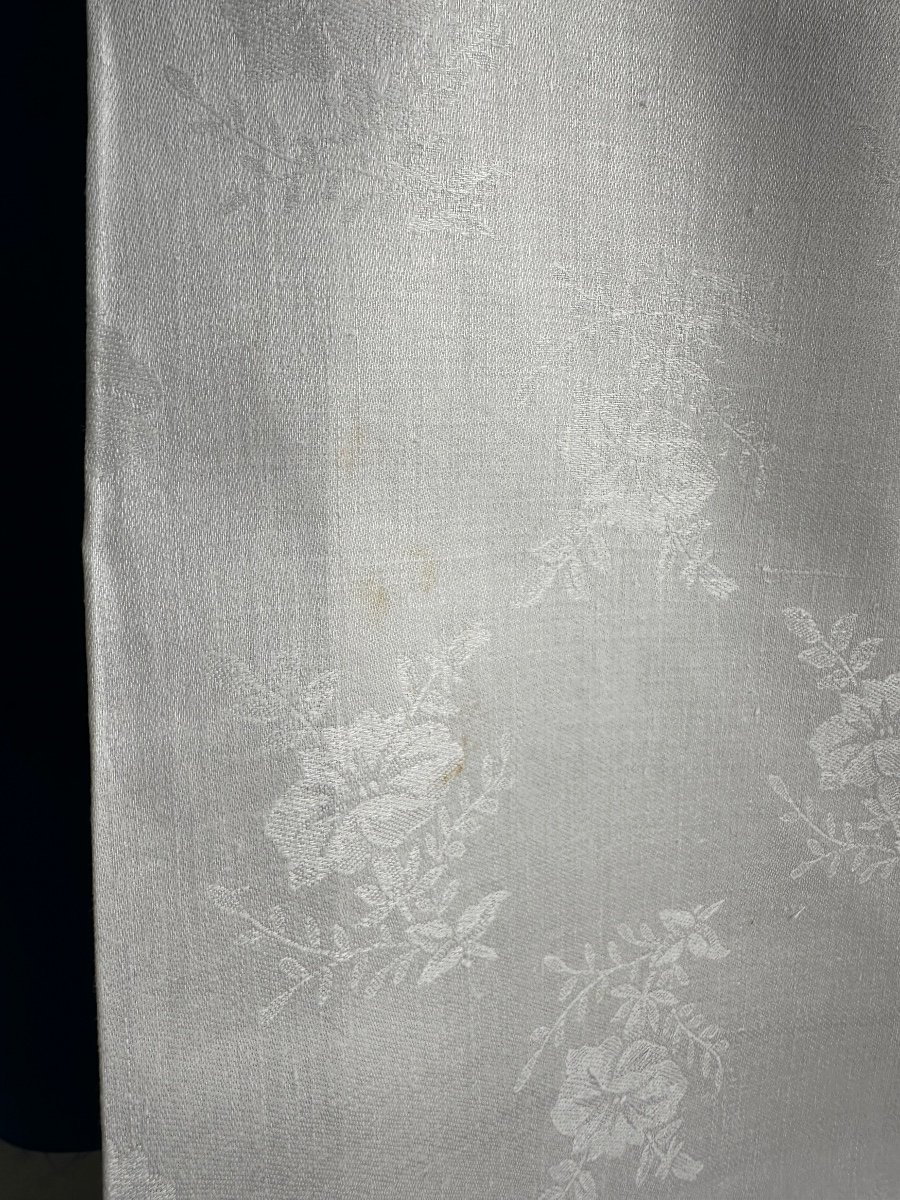 Immense Nappe Ancienne Lin Soie 400x200 Damassé Décor De Roses 2 Grandes Initiales Broderie DF-photo-1