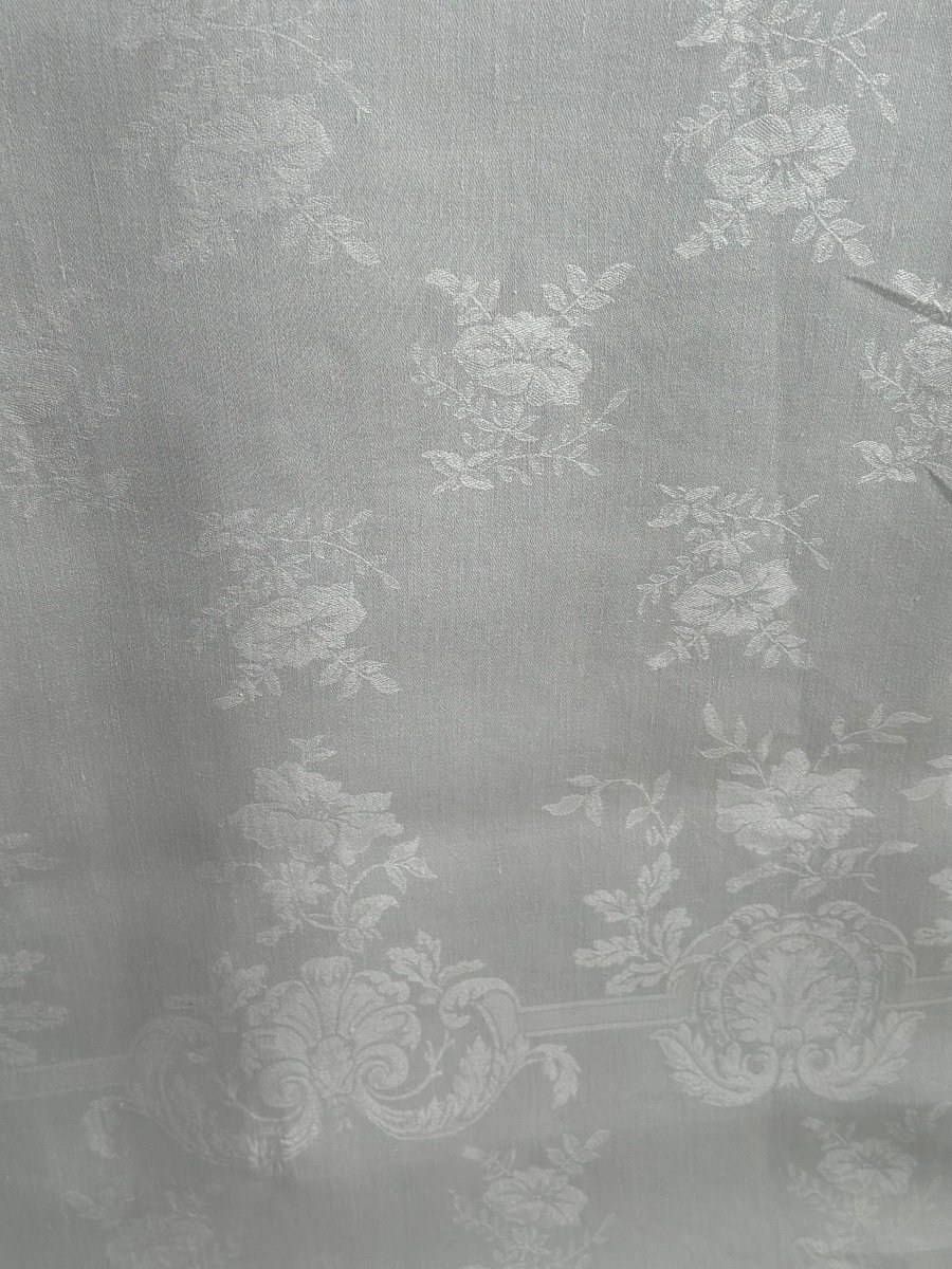 Immense Nappe Ancienne Lin Soie 400x200 Damassé Décor De Roses 2 Grandes Initiales Broderie DF-photo-5