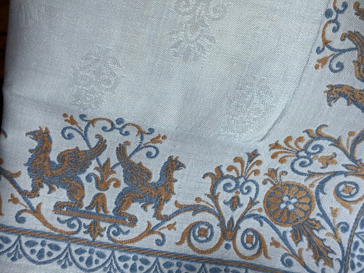 Rare 9 Old Damask Empire Napkins Griffons Pattern Napoleon III Linen Silk 85x73-photo-2