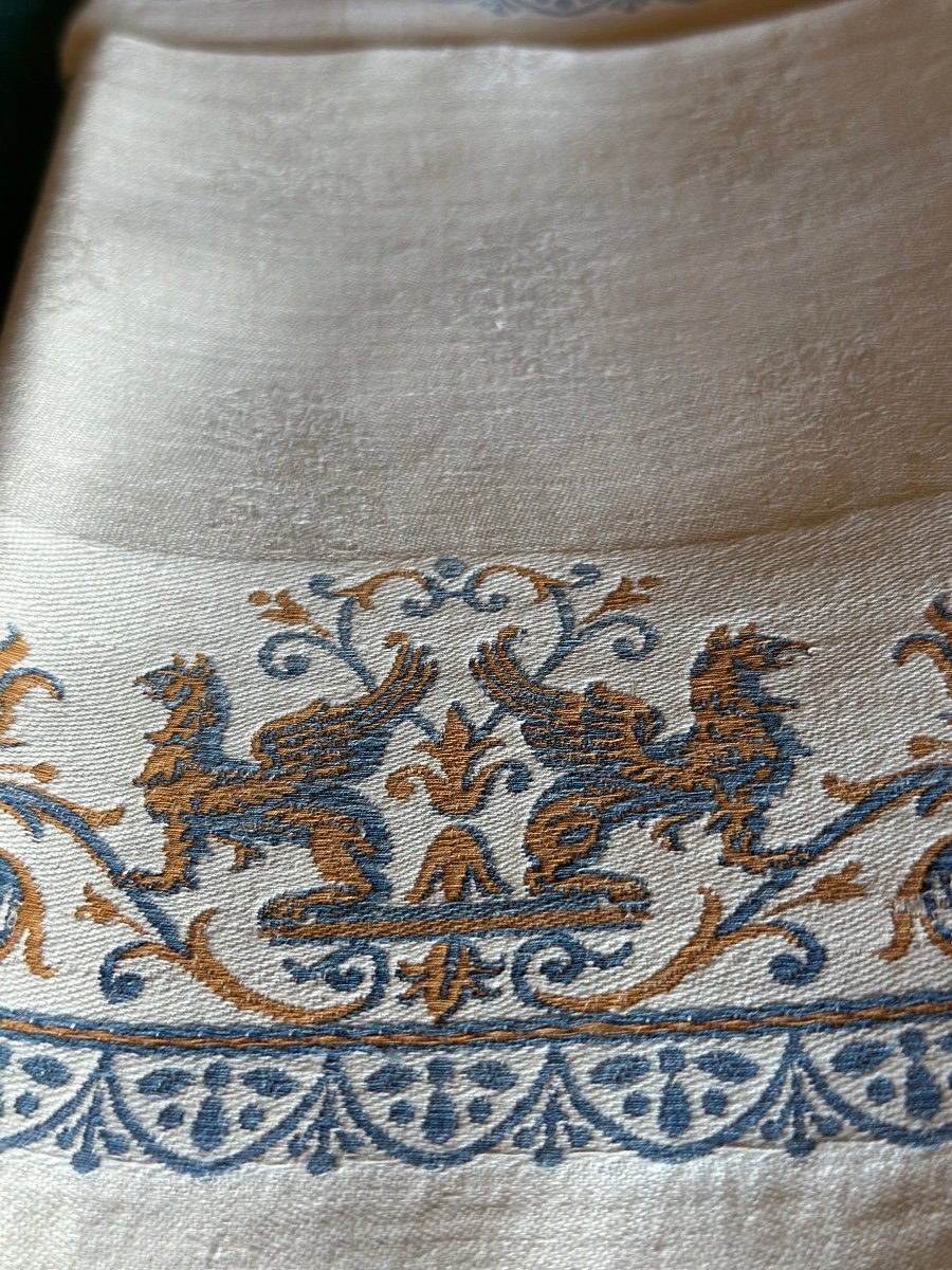 Rare 9 Old Damask Empire Napkins Griffons Pattern Napoleon III Linen Silk 85x73-photo-4