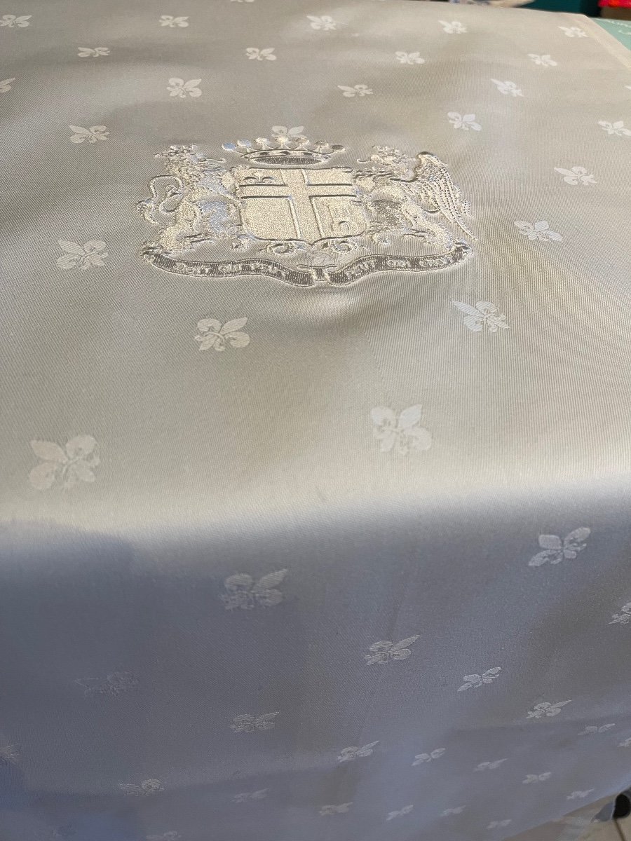 Service De Table Nappe 8 Serviettes Damassé Fleurs De Lys Broderie Armoiries Monogramm Couronne-photo-4