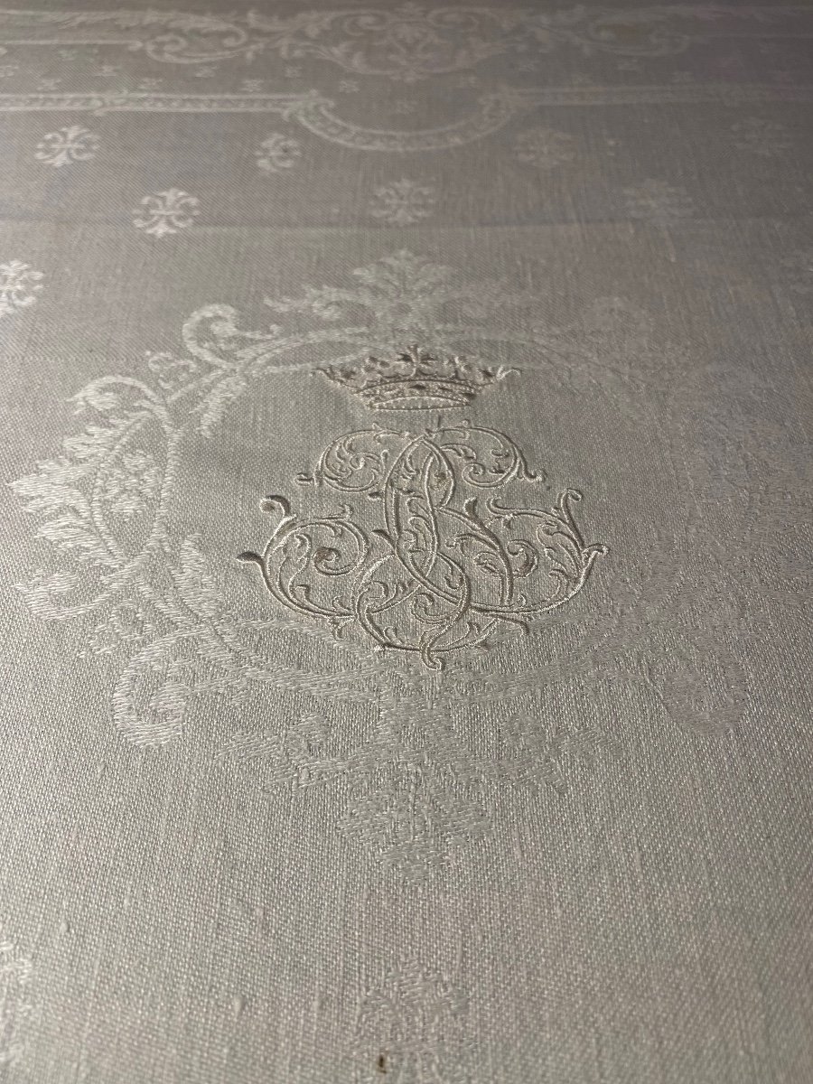 Service De Table Nappe 8 Serviettes Damassé Fleurs De Lys Broderie Armoiries Monogramm Couronne-photo-6