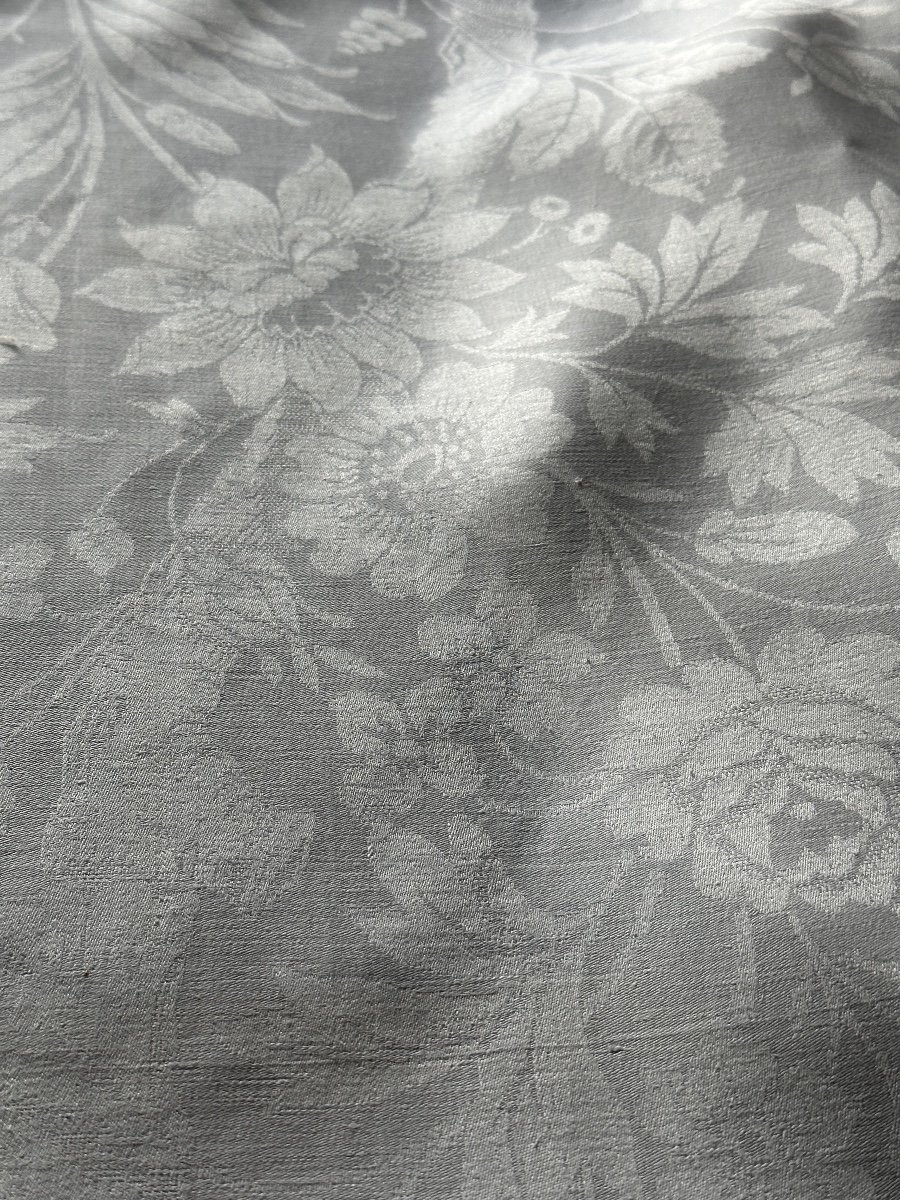 Immense Nappe Ancienne De Réception Début XXème Damassé Floral oiseau monogramme ML 532x206 Cm-photo-2