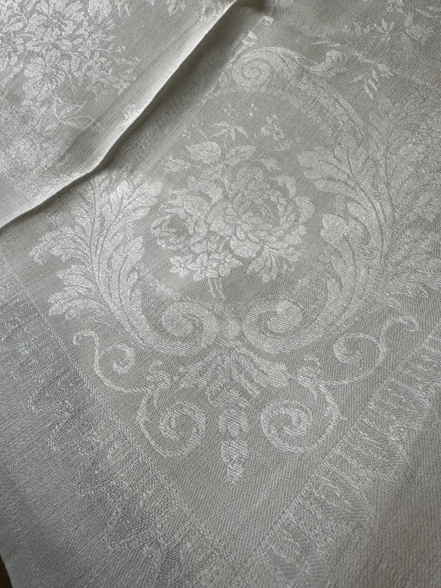 Antique 19th Century Tablecloth And 12 Napkins Monogram Damask Floral Linen-photo-3