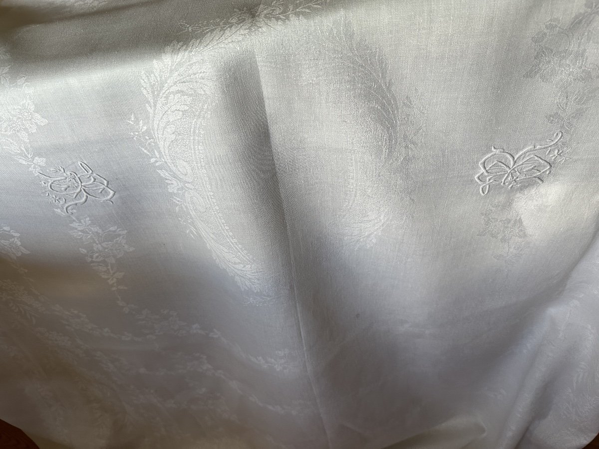 Antique 19th Century Tablecloth And 12 Napkins Monogram Damask Floral Linen-photo-4