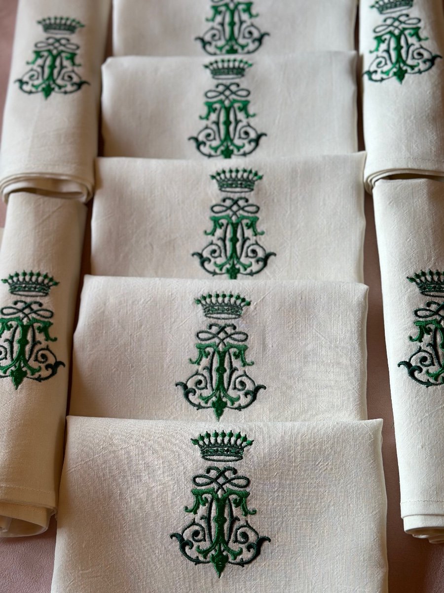 Nappe Réception Tissu Ancien Lin Et Coton 6m50x2m20, Broderie Armoiries Couronnes Monogrammes-photo-5