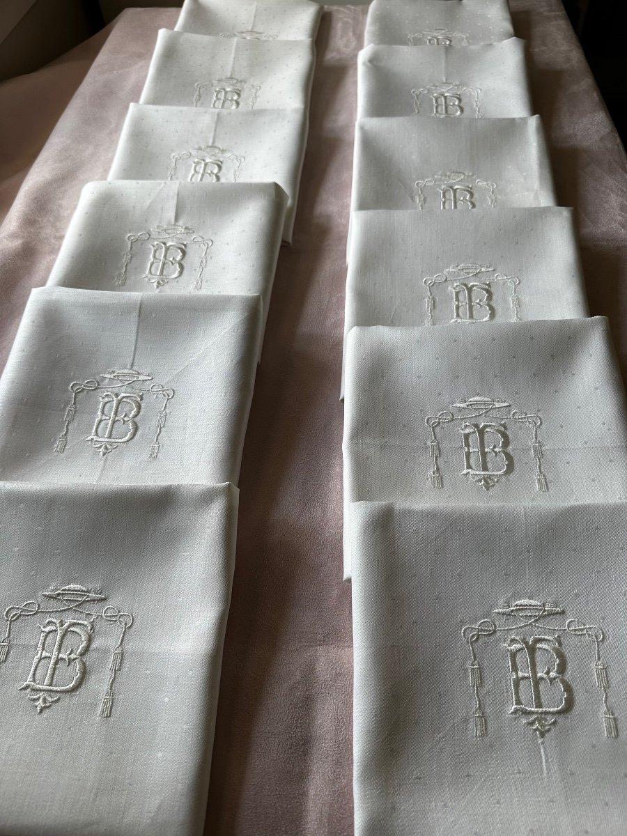 12 Old Napkins Linen Thread Old Fabric Confection Embroidery Coat Of Arms Monogram-photo-2