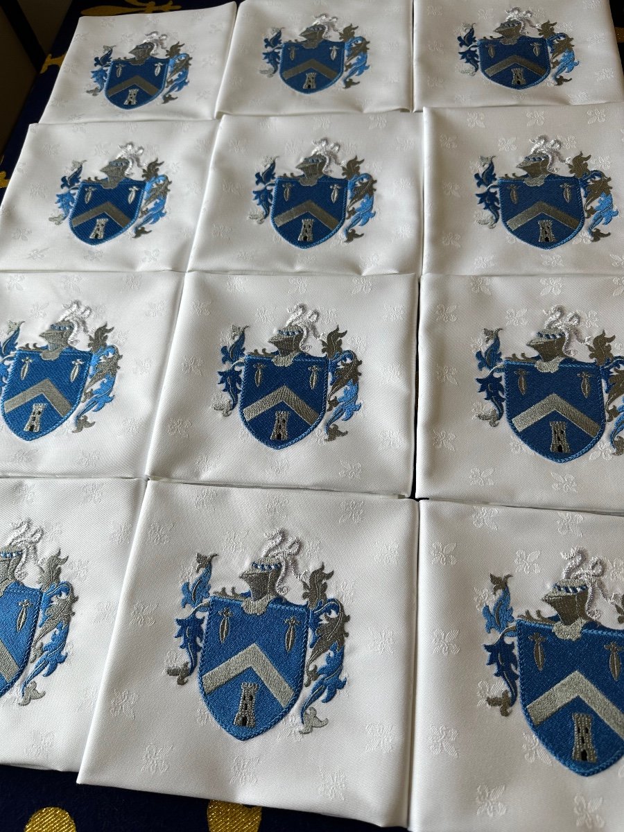 12 Old Napkins Linen Thread Old Fabric Confection Embroidery Coat Of Arms Monogram-photo-3