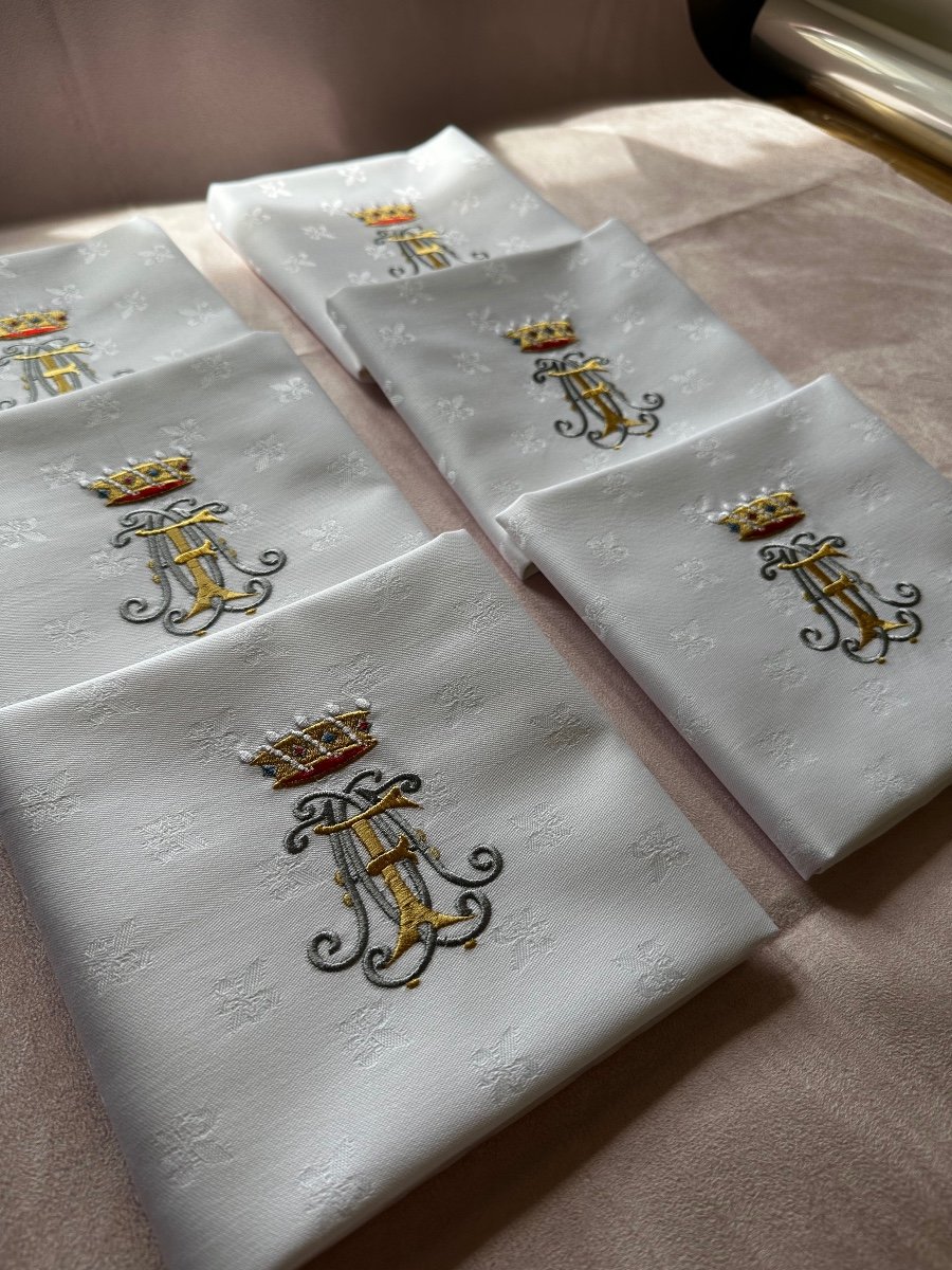 12 Old Napkins Linen Thread Old Fabric Confection Embroidery Coat Of Arms Monogram-photo-4