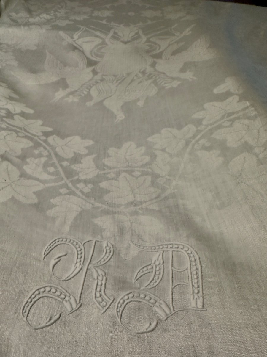  Antique Reception Service, 19th Century, 400x196 Tablecloth17 Napkinsdamask Linen Silk Hunting-photo-4