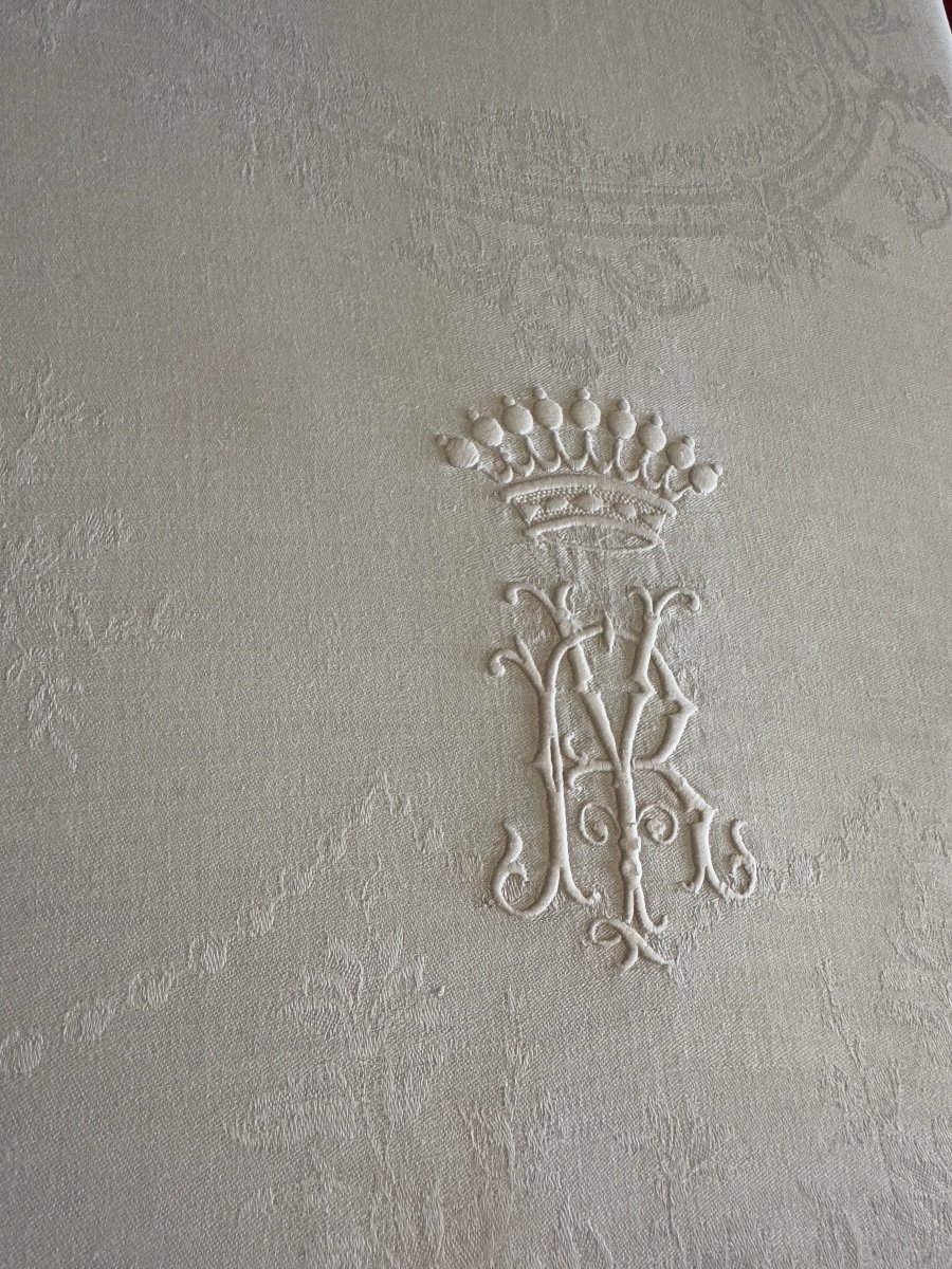 Nappe Ancienne XIXème Damas Lin Soie 296x198, Double Monogramme, R. Y. Sous Couronne Comtale-photo-2