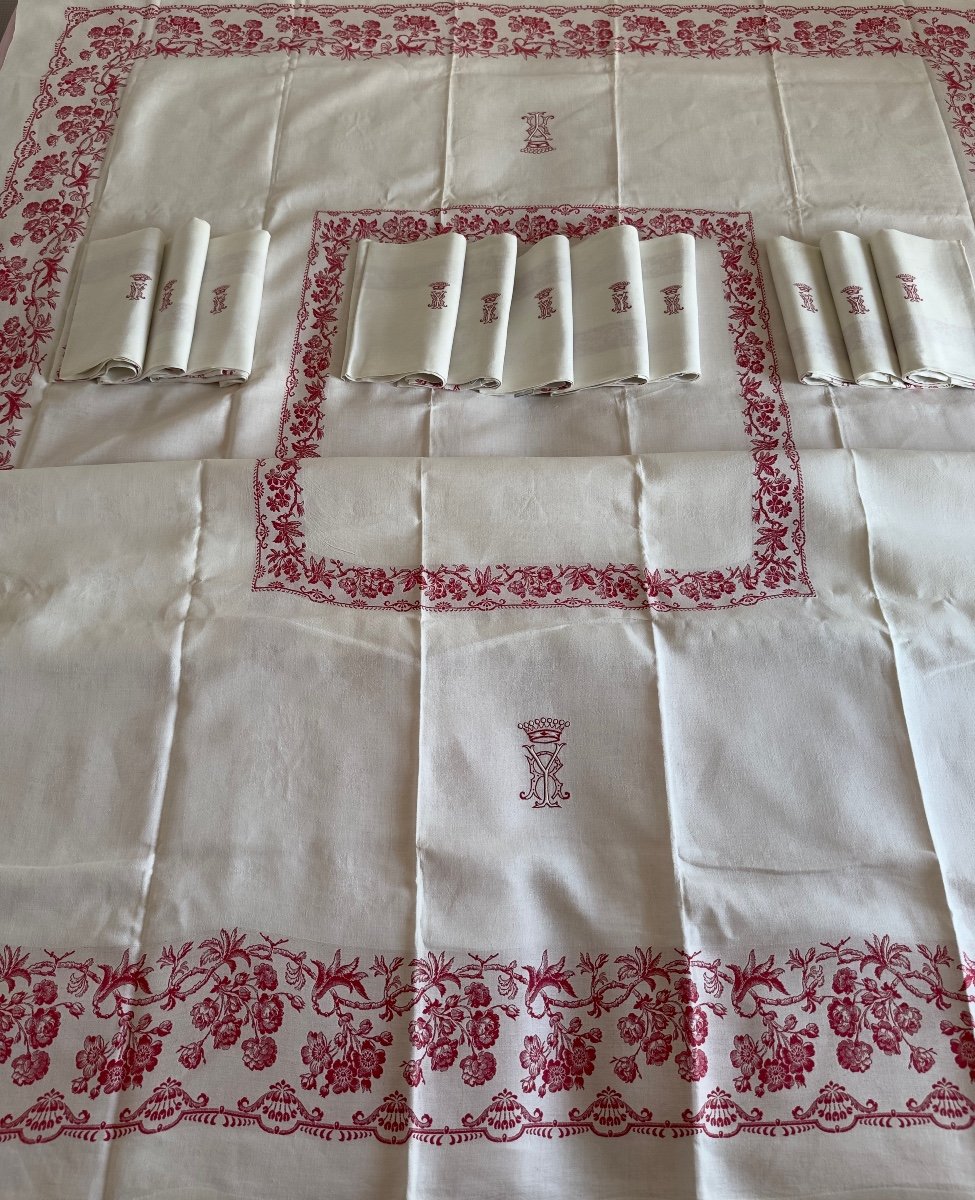 Service De Table XIXème Napoléon III Nappe 11 Serviettes  Monogramme Yr Couronne Comte Rouge