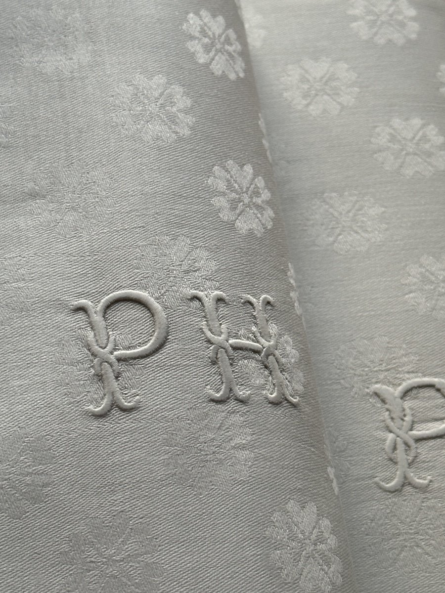 8 Sumptuous Antique Napkins 19th Century 95x78 Refined Monogram Ph Damascus Flowers Silk-photo-1