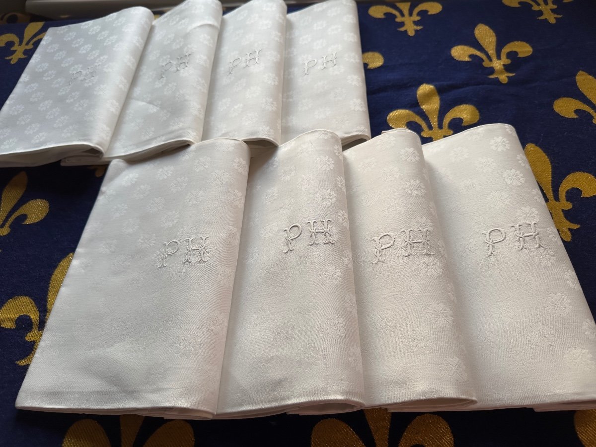 8 Sumptuous Antique Napkins 19th Century 95x78 Refined Monogram Ph Damascus Flowers Silk-photo-2