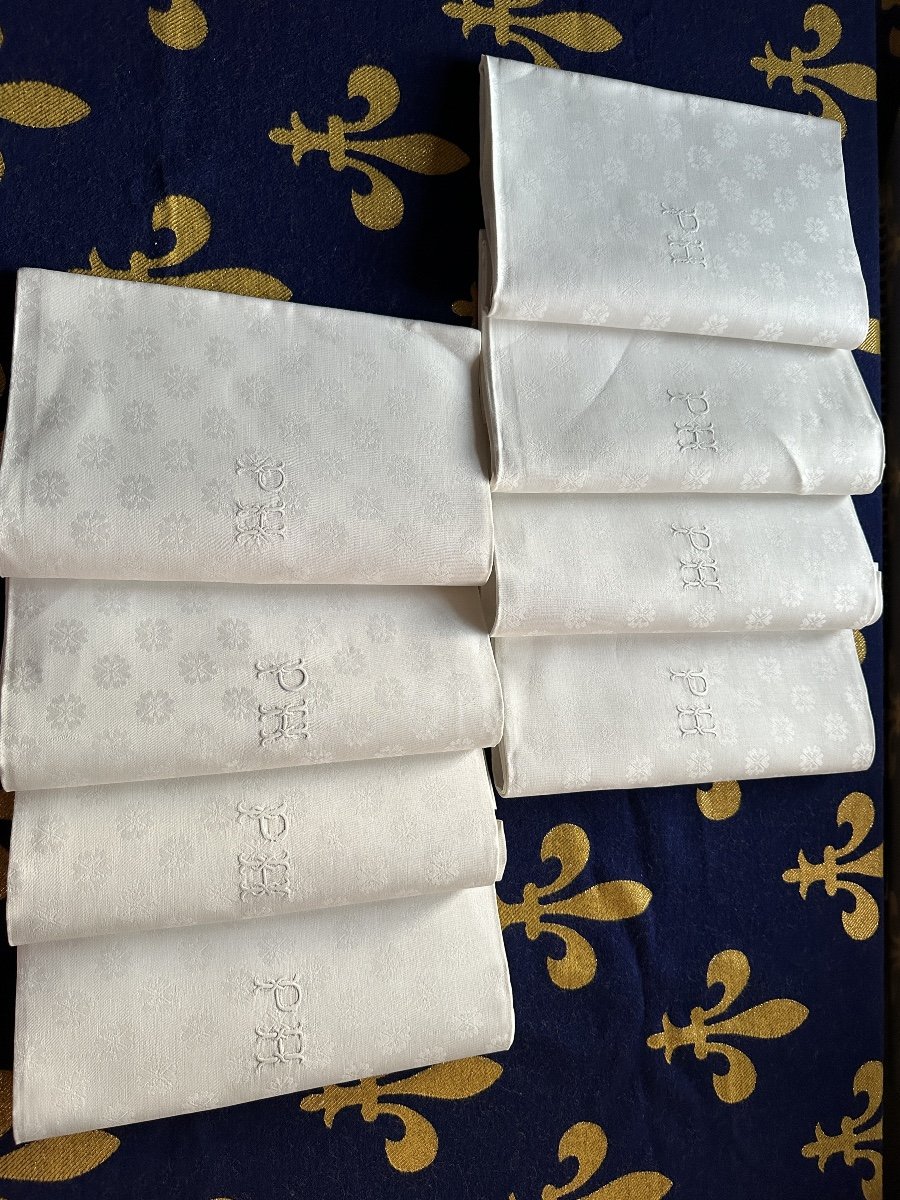 8 Sumptuous Antique Napkins 19th Century 95x78 Refined Monogram Ph Damascus Flowers Silk-photo-6