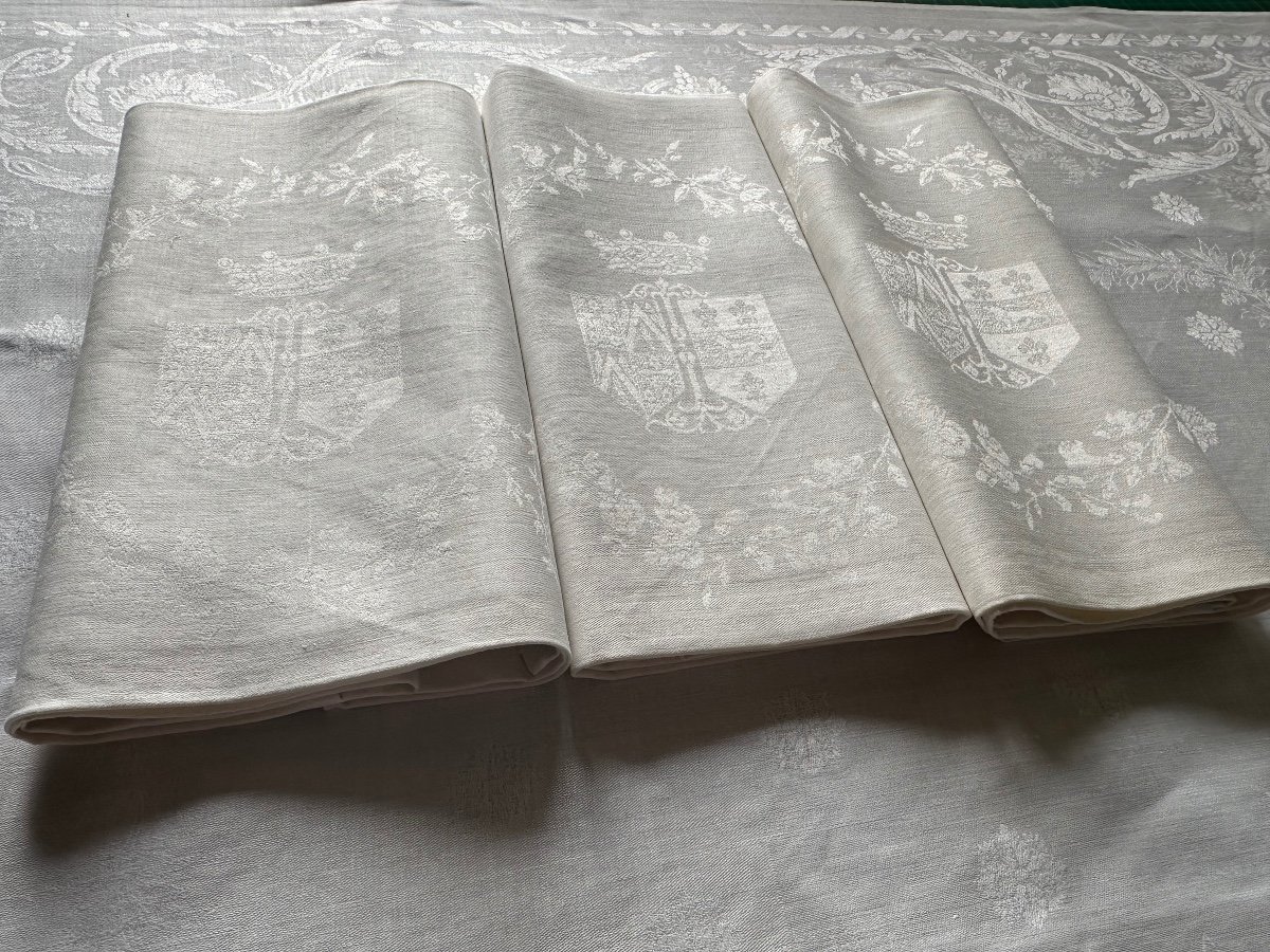 3 Serviettes Lin Et Soie Anciennes XIXeme Armoiries Dans Le Tissage Usage Serviettes Toilette -photo-2