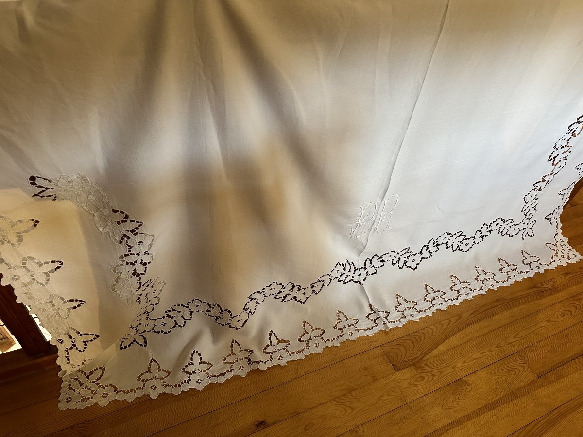 Huge Richelieu Trousseau Cloth, Linen Thread, 19th Century Monogram Pb 230cm Return 100cm-photo-4