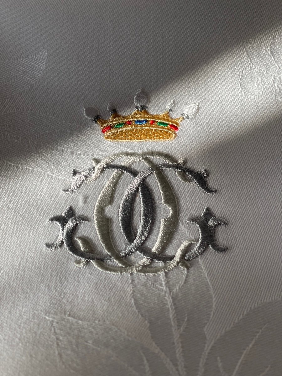 Antique Linen Thread Napkins Early 20th Century Huge 92x71 Cm Embroidery Monograms Coats Of Arms-photo-2