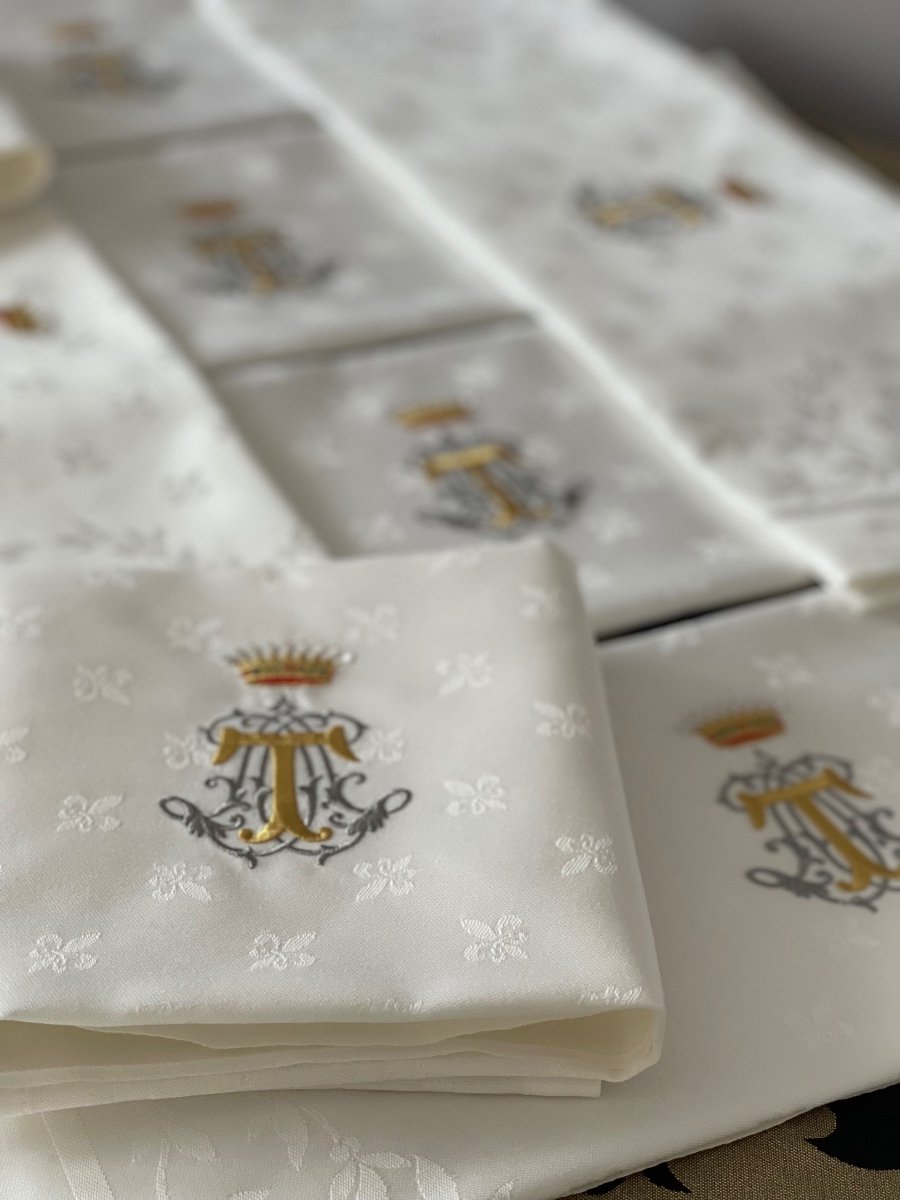 Antique Linen Thread Napkins Early 20th Century Huge 92x71 Cm Embroidery Monograms Coats Of Arms-photo-3