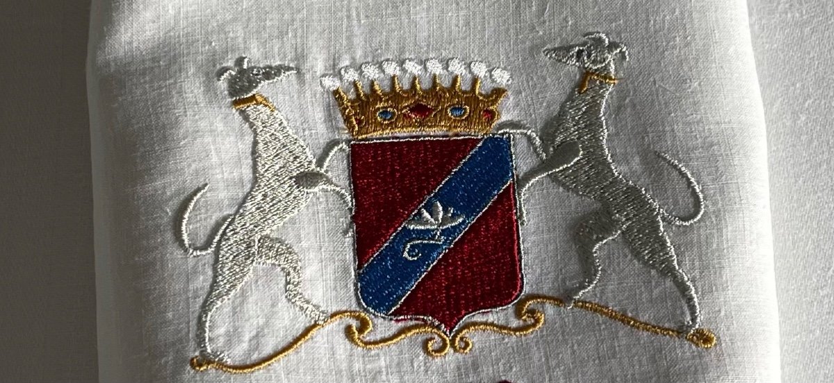 Antique Linen Thread Napkins Early 20th Century Huge 92x71 Cm Embroidery Monograms Coats Of Arms-photo-5