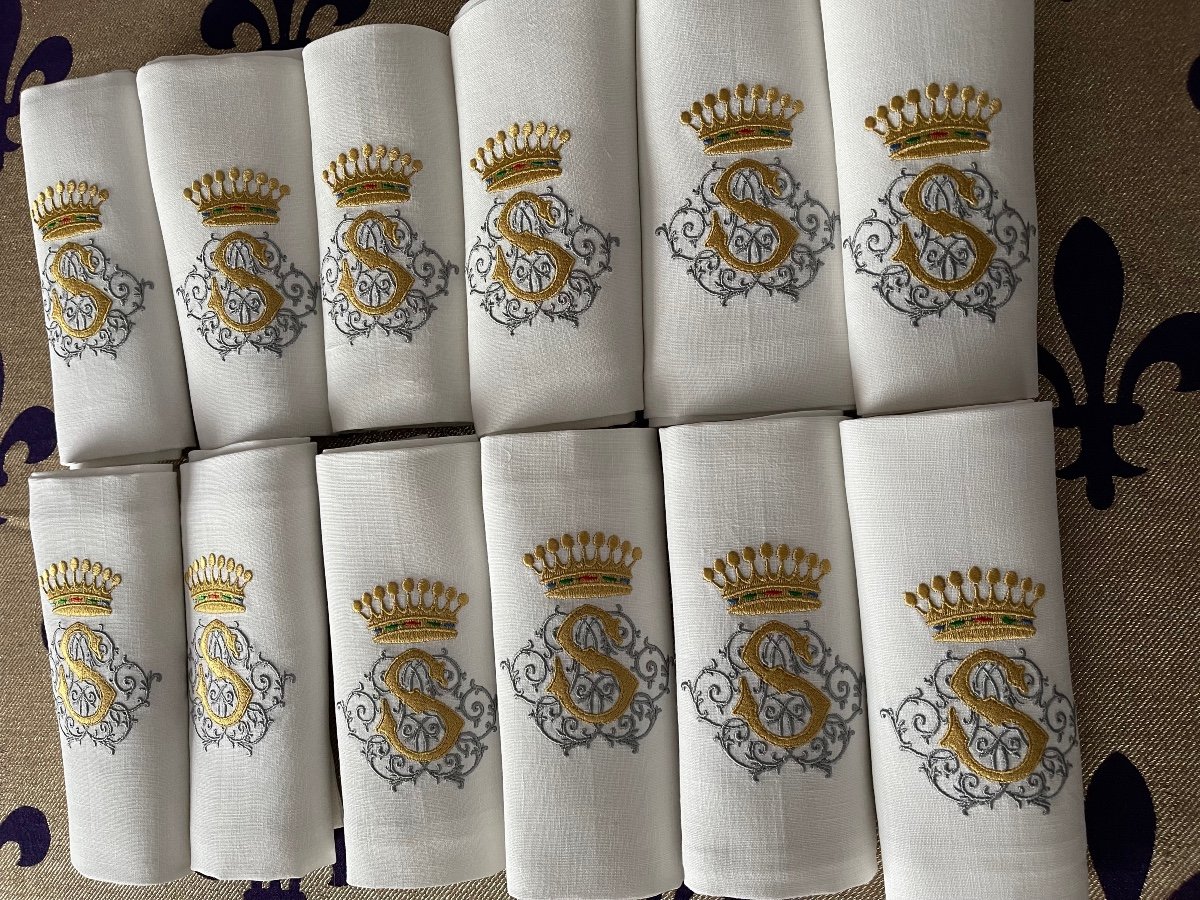 Antique Linen Thread Napkins Early 20th Century Huge 92x71 Cm Embroidery Monograms Coats Of Arms-photo-7