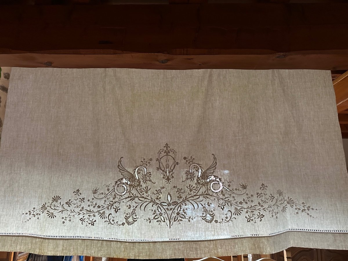 Drap Ancien Lin XIXème Empire Immense Broderie Découverte Phœnix Monogramme Fleur De Lys DM-photo-2