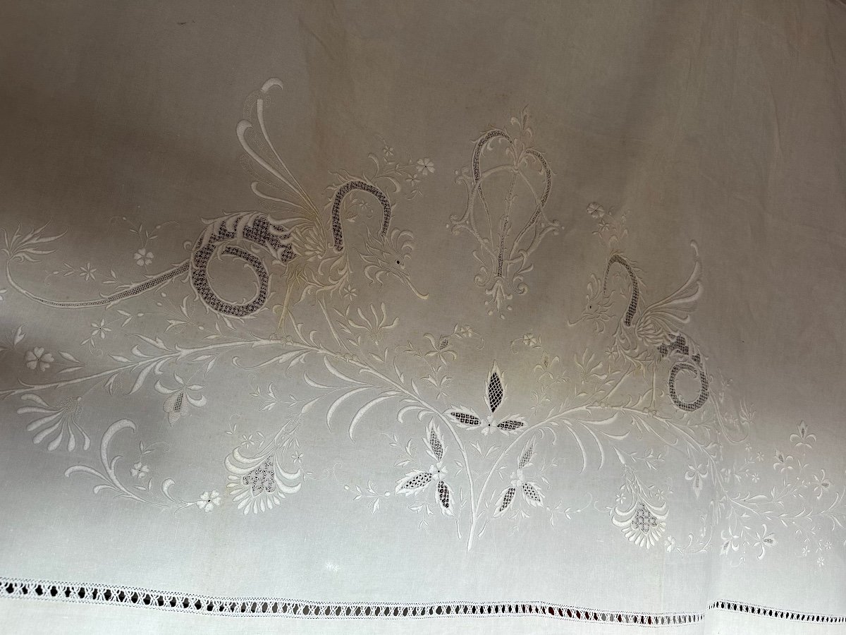 Drap Ancien Lin XIXème Empire Immense Broderie Découverte Phœnix Monogramme Fleur De Lys DM-photo-4