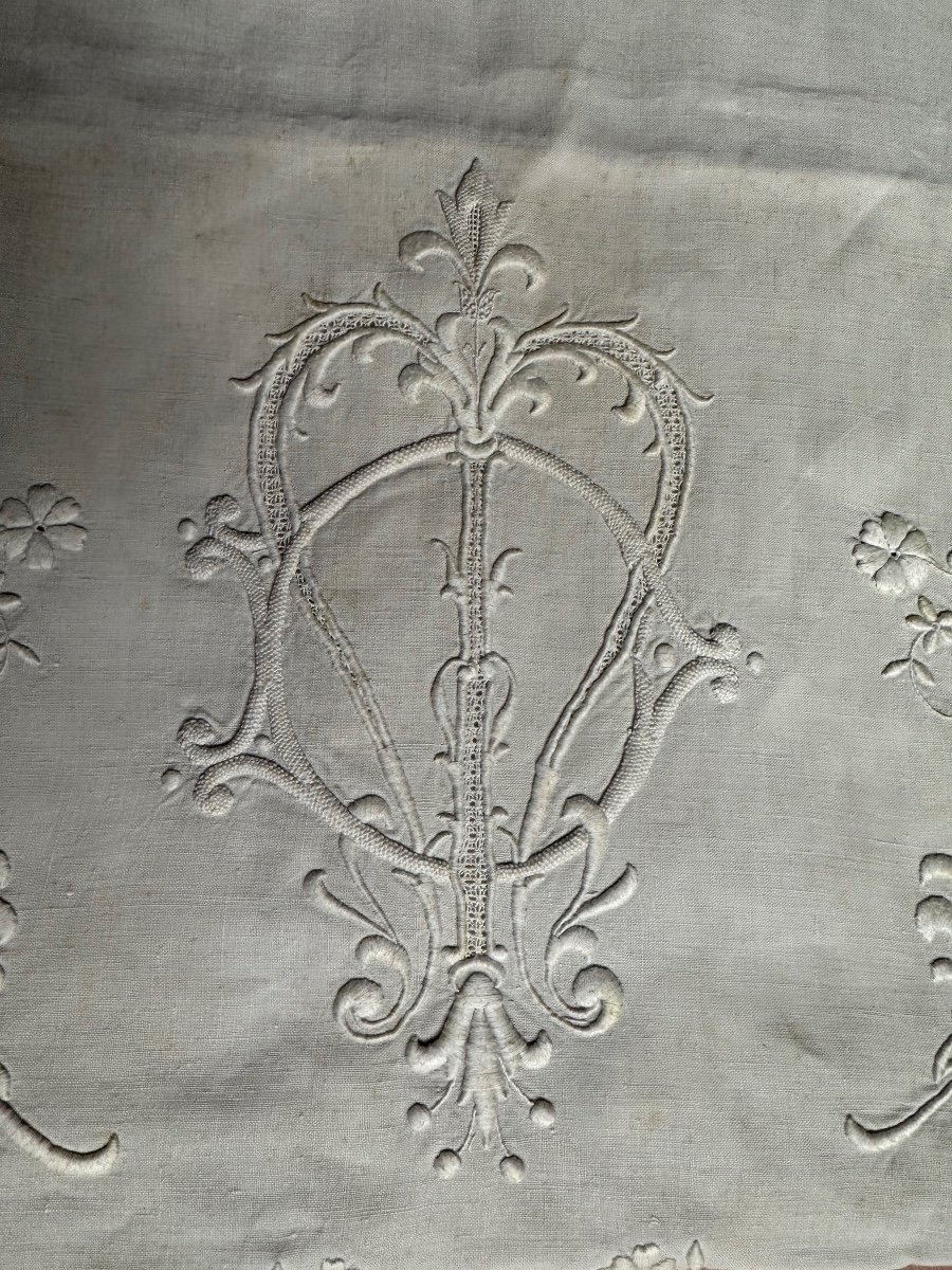 Drap Ancien Lin XIXème Empire Immense Broderie Découverte Phœnix Monogramme Fleur De Lys DM-photo-2