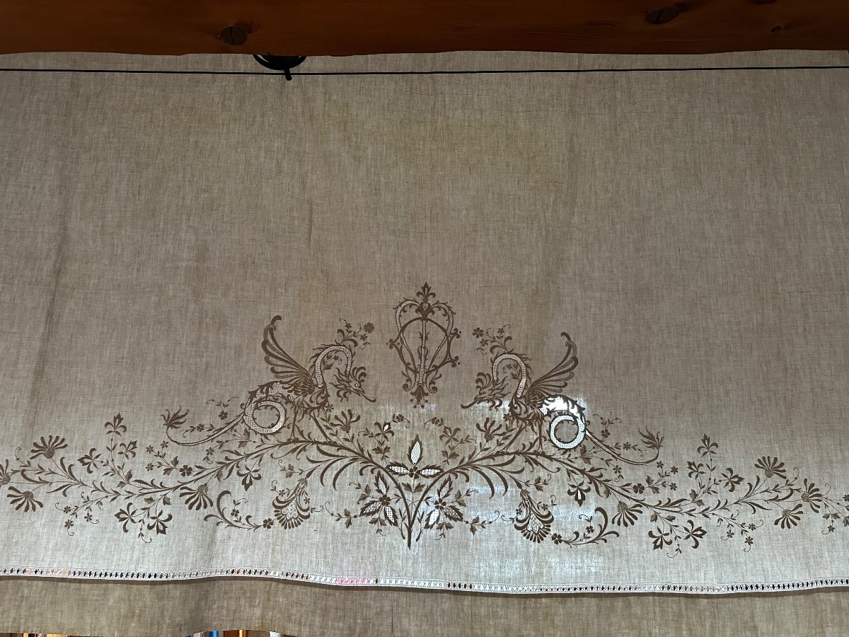 Drap Ancien Lin XIXème Empire Immense Broderie Découverte Phœnix Monogramme Fleur De Lys DM-photo-8