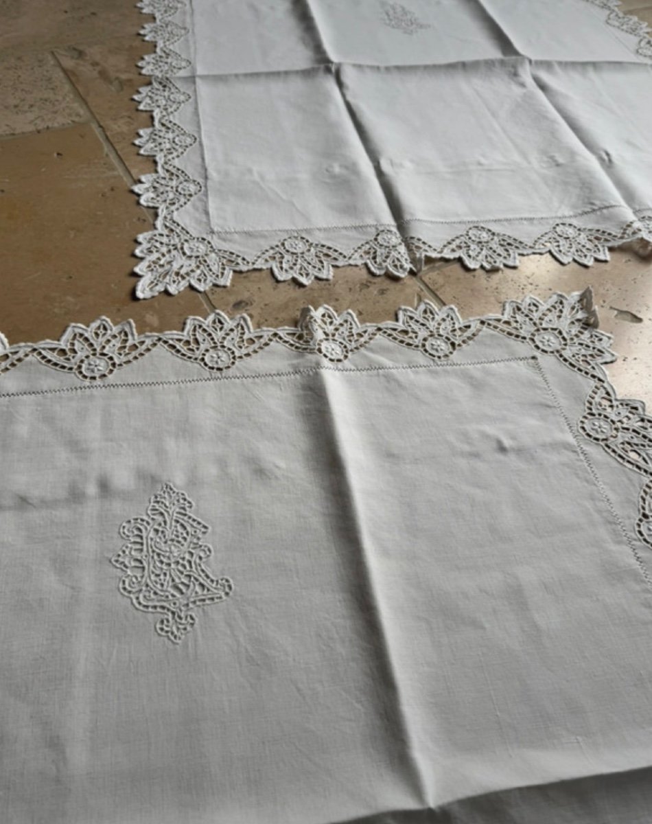 Antique 20th Century Bed Linen Set Sheet And 2 Pillowcases Embroidery Monogram Richelieu Fleur De Lys-photo-1