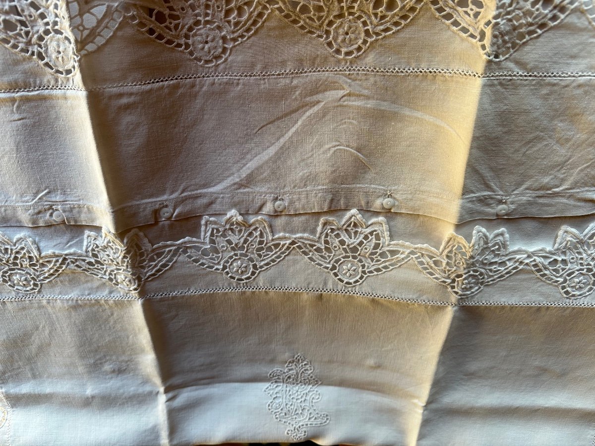 Antique 20th Century Bed Linen Set Sheet And 2 Pillowcases Embroidery Monogram Richelieu Fleur De Lys-photo-2