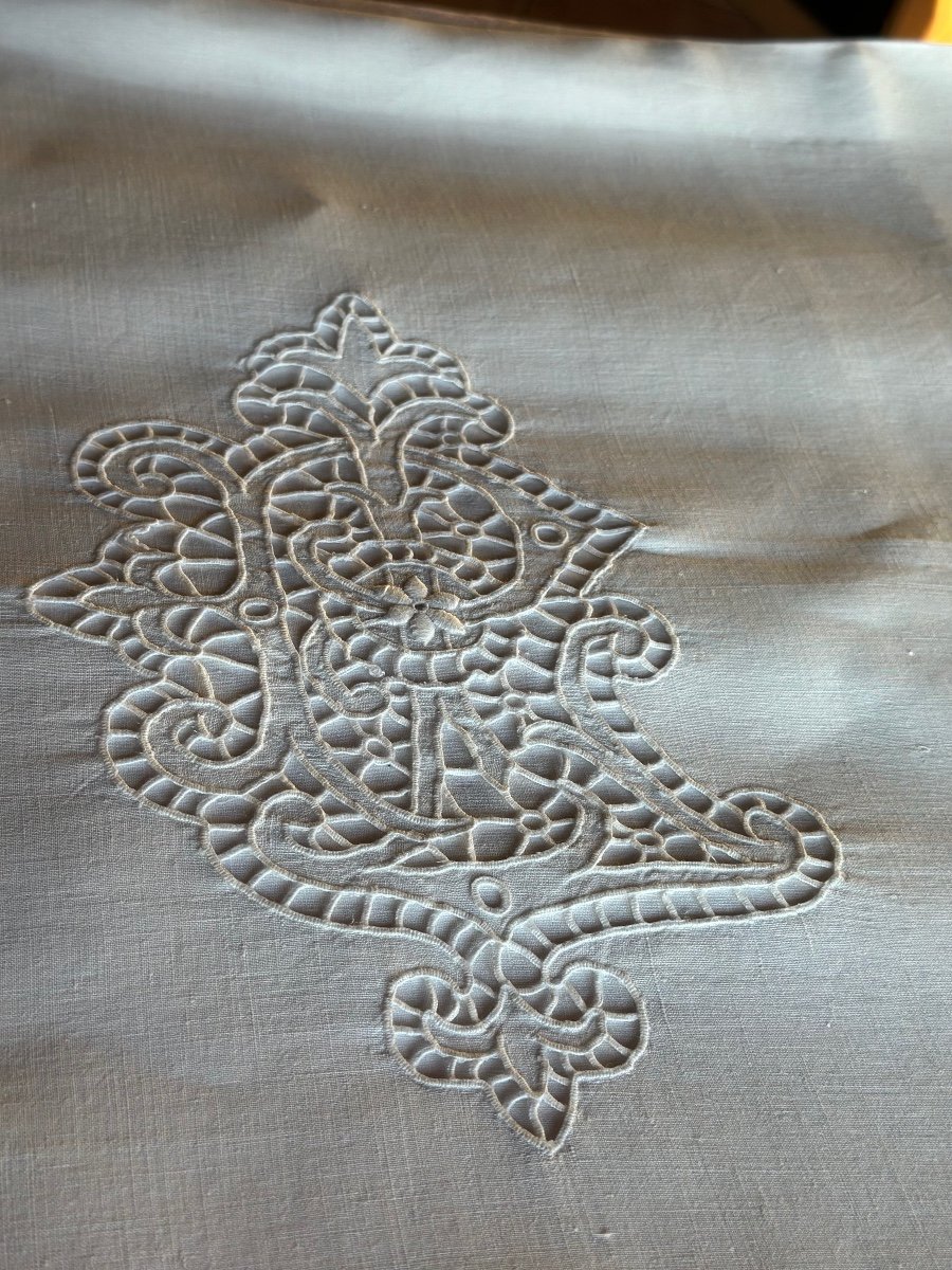 Antique 20th Century Bed Linen Set Sheet And 2 Pillowcases Embroidery Monogram Richelieu Fleur De Lys-photo-6