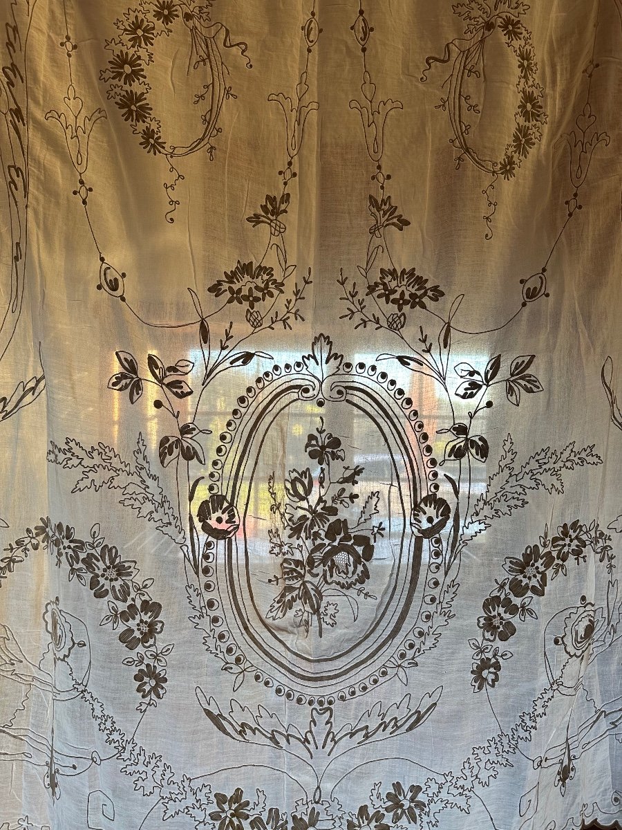 Antique Curtain, Cotton Voile, Cornely Embroidery, 19th Century 280x140 Cm-photo-2