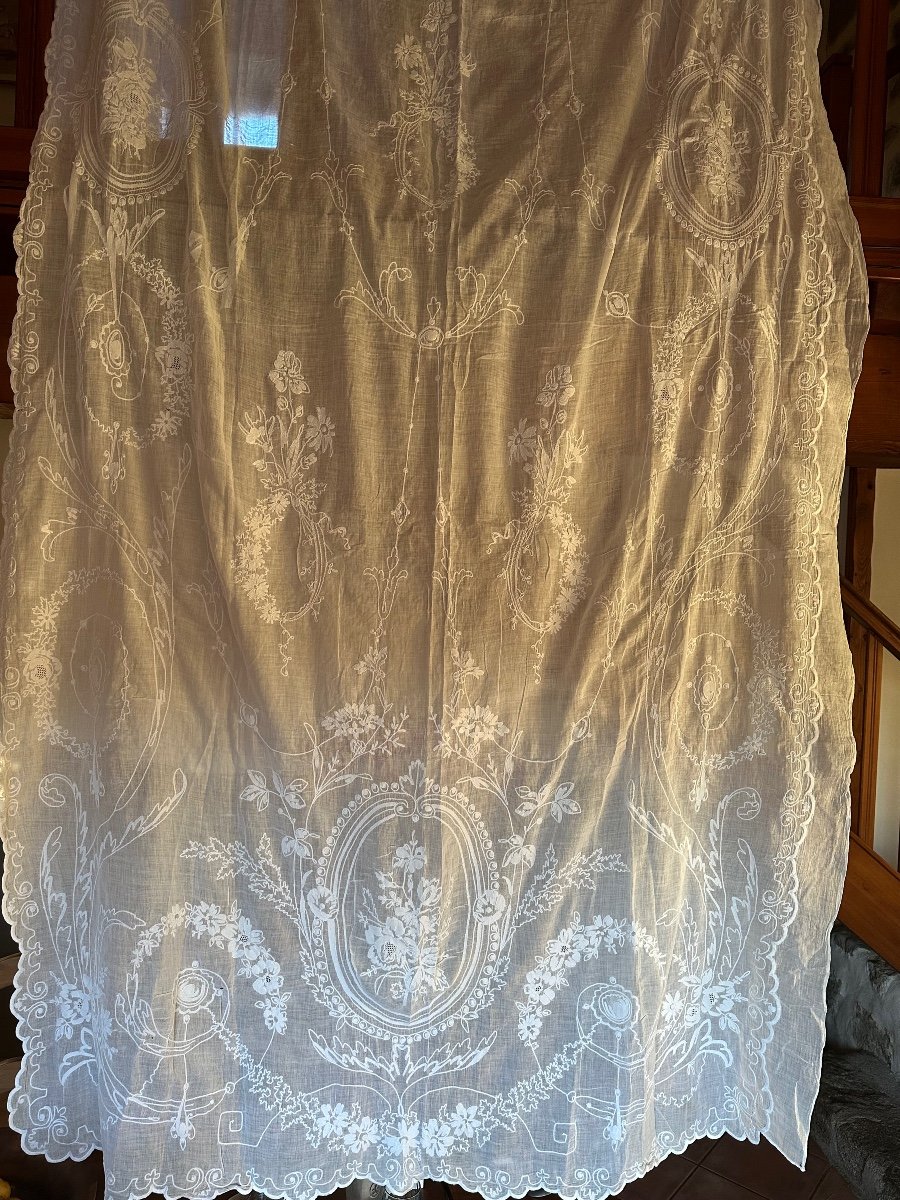 Antique Curtain, Cotton Voile, Cornely Embroidery, 19th Century 280x140 Cm-photo-3